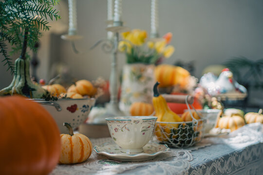 vintage teacup surrounded by small pumpkins on lace tablecloth, cozy autumn harvest decoration featuring seasonal gourds and floral bokeh