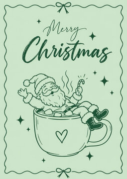 Merry Christmas greeting card featuring line art Santa Claus relaxing inside a large coffee mug with playful stars, decorative border and elegant lettering on a pastel green background