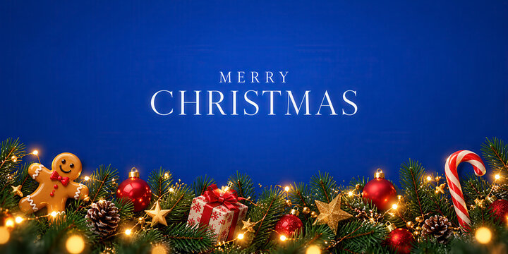 Merry Christmas greeting banner featuring festive evergreen garland decorated with colorful ornaments, gingerbread cookies, candy canes, wrapped gifts and glowing lights on a royal blue background