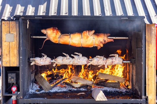 Half of a small pig roasted, ducks and geese on a spit on an open fire. Homemade pork grilling and chicken over briquettes