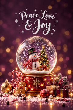 Peace Love and Joy Christmas greeting card featuring a magical snow globe with a cute snowman, gingerbread cookies, wrapped gifts and sparkling golden lights against a warm burgundy background