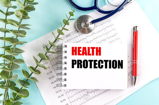 Health protection concept with a medical clipboard, stethoscope, ecg chart, pen and green leaves on a blue background