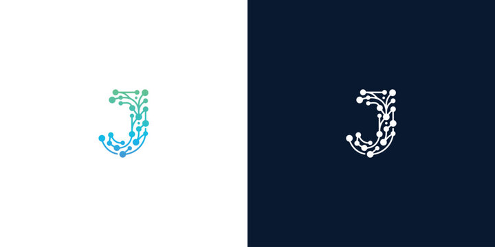 Letter J tech logo design vector template, modern technology digital connection icon illustration