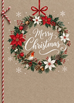 Merry Christmas greeting card featuring a festive floral wreath with red poinsettias, white flowers, holly berries, pine branches and red ribbon on a rustic kraft paper background with snowflakes