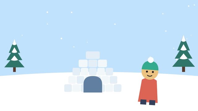 Building an igloo from snow blocks. 2D animation.