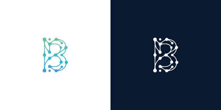 Digital letter B logo icon with tech network dots and connection lines for data science branding