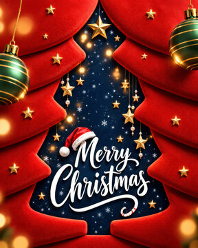 Merry Christmas greeting card featuring layered red Christmas tree shapes, green and gold hanging baubles, glowing golden stars and Santa hat with white festive lettering on a dark blue background