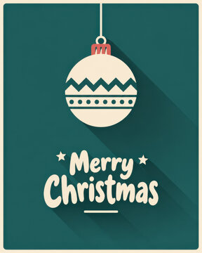 Merry Christmas minimalist greeting card featuring a hanging white Christmas bauble with green geometric patterns, bold cream holiday lettering and long shadows on a dark teal green background