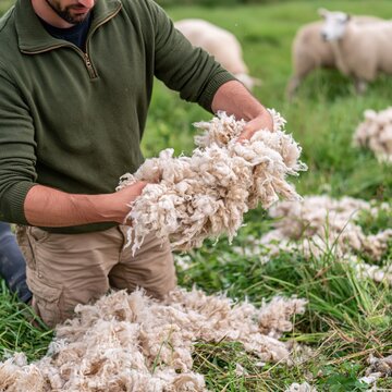 Farmer processes freshly shorn fleece in a grassy field.