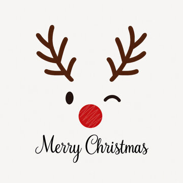 Merry Christmas minimalist greeting card featuring a cute winking reindeer face with brown antlers and bright red nose, elegant black handwritten lettering on a clean white background