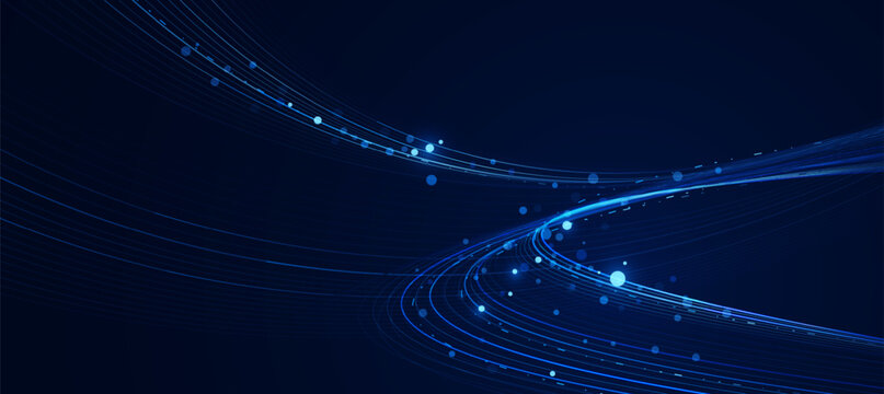 Abstract digital data flow background with glowing blue light trails