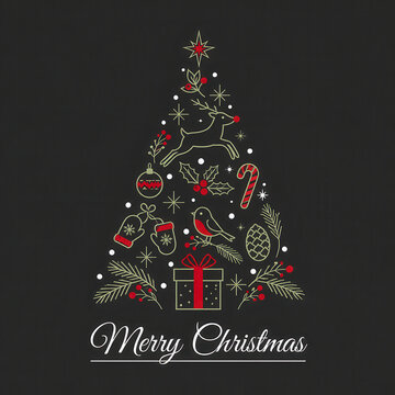 Merry Christmas greeting card featuring a minimalist Christmas tree drawn with delicate gold lines, festive ornaments, candy cane, gift box and snowflakes on a dark charcoal background