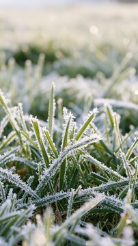 Morning frost coats blades of green grass in a closeup view.
