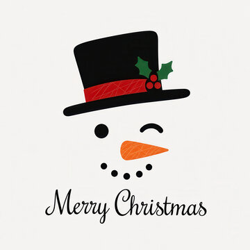 Merry Christmas greeting card featuring a minimalist snowman face with carrot nose, black top hat, red ribbon and holly berries, elegant handwritten lettering on a clean white background