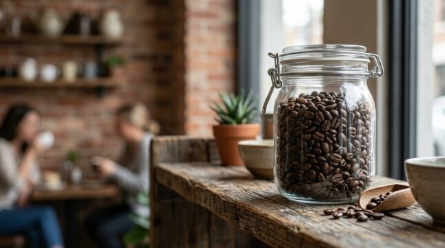 Glass jar of roasted coffee beans on a rustic wooden surface in a cozy cafe setting
