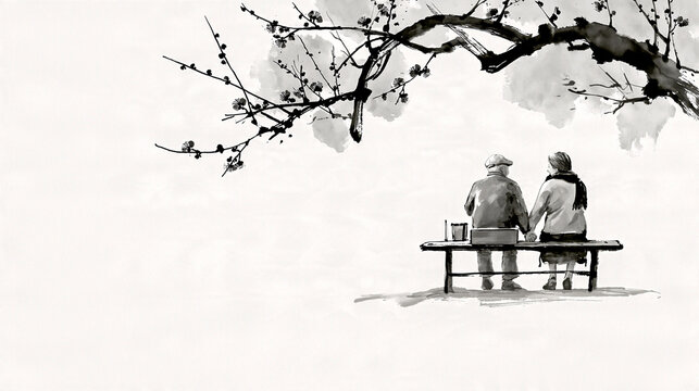 Valentine's Day elderly couple holding hands on a bench under a blossoming plum branch sumi-e ink