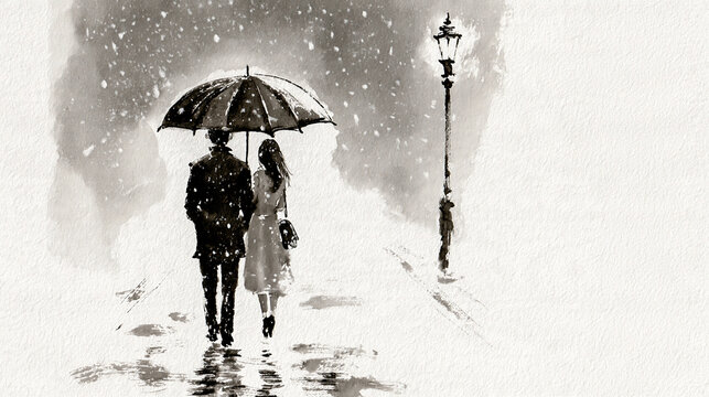 Valentine's Day couple under one umbrella walking down a wet snowy street sumi-e ink