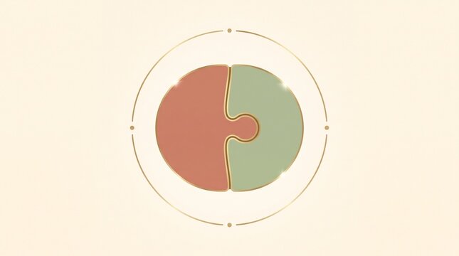 Minimalist interlocking puzzle pieces in circular gold frame