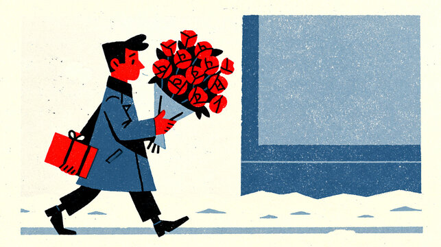 Valentine's Day young man in a blue coat carrying red roses and a gift down a snowy street