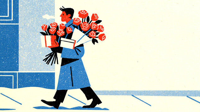 Valentine's Day man hugging a big bouquet of red roses and two gift boxes on a winter street
