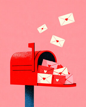 Valentine's Day red mailbox spilling love letters sealed with hearts