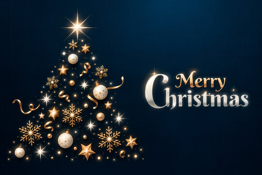 Merry Christmas greeting card featuring an elegant golden Christmas tree made of sparkling stars, glowing ornaments and festive lights with luxury gold typography against a dark navy blue background