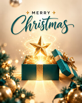 Merry Christmas greeting card with an open emerald green gift box, glowing golden star, sparkling fairy lights, elegant teal lettering and festive pine branches on a warm cream background