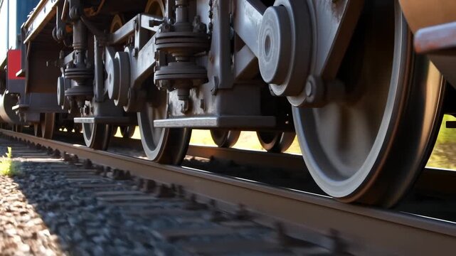 Freight train wheels roll along steel railway tracks in a low-angle outdoor close-up. Freight logistics advertising, rail transport presentations, and industrial engineering education.