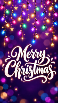 Merry Christmas greeting card with elegant white festive typography, colorful glowing fairy lights, hanging golden stars and vibrant bokeh effects against a magical purple holiday background
