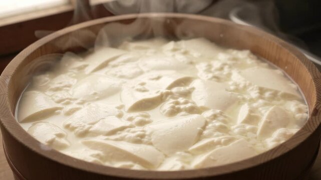 Fresh tofu curds steaming inside wooden tub in soft light