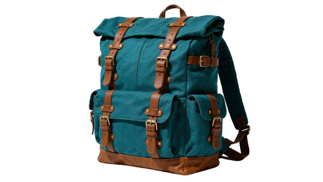 Teal canvas backpack with brown leather straps and brass metal buckles