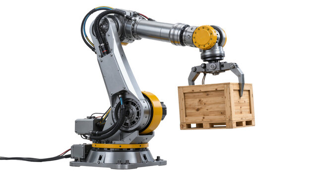 Industrial robotic arm with mechanical gripper lifting a wooden crate on pallet