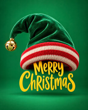 Merry Christmas greeting card featuring a green velvet Santa elf hat with red and white striped trim and golden jingle bell above cheerful yellow holiday lettering on a rich green background