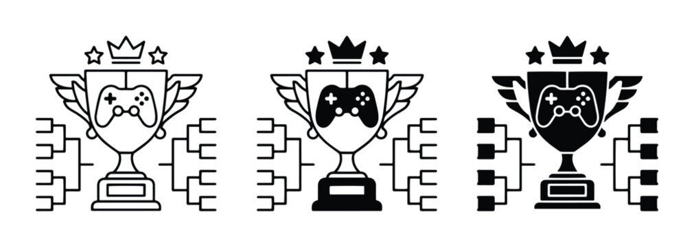 Gaming tournament trophy and bracket icons set with controller, stars and wings for esports