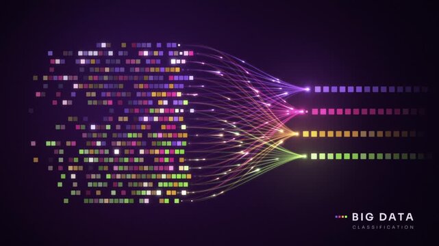 Big data classification animation sorts colorful data blocks into four glowing streams, seamless loop