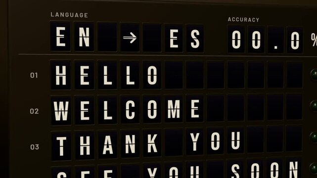 Split-flap translation board flips English greetings into Spanish as accuracy rises to 99.6% and verifies