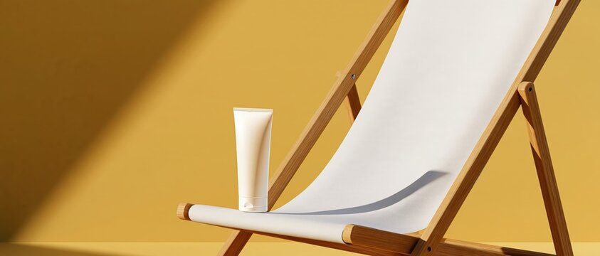 A white tube of skincare rests on a white canvas deck chair against a yellow background.