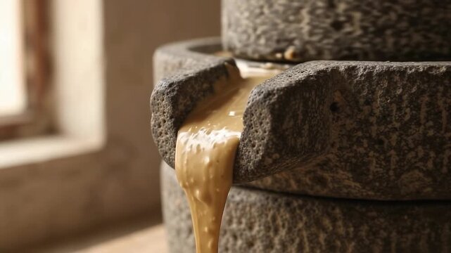 Tahini paste flowing from traditional stone grinder spout