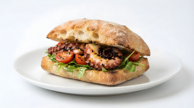 Panino col polpo, grilled octopus tentacle sandwich panini breads with healthy and fresh vegetables