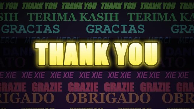Glowing thank you message with multilingual gratitude word cloud