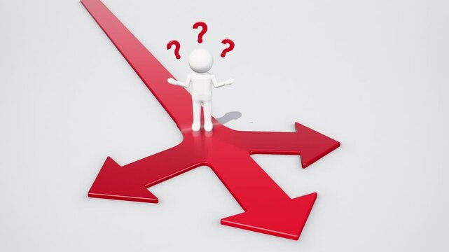 Confused 3D figure at a three-way red arrow crossroads chooses one path as the other two turn grey