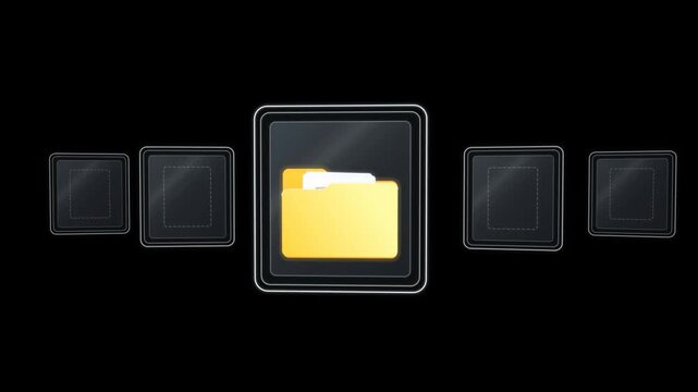 Yellow folder icon in a glass tile as document, image, chart and spreadsheet files fill side tiles on black