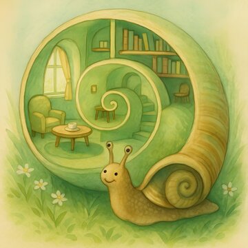 Cute Snail with Spiral Shell House Cozy Library Interior Fantasy Illustration