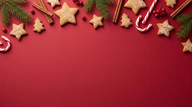 Christmas gingerbread cookies shaped like stars and trees on red background with cinnamon sticks and candy canes