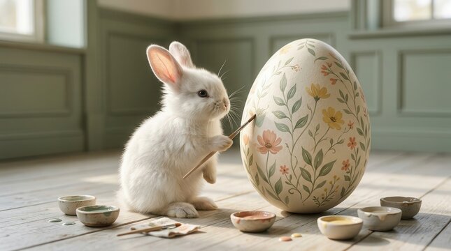 A white rabbit paints a large Easter egg with a brush