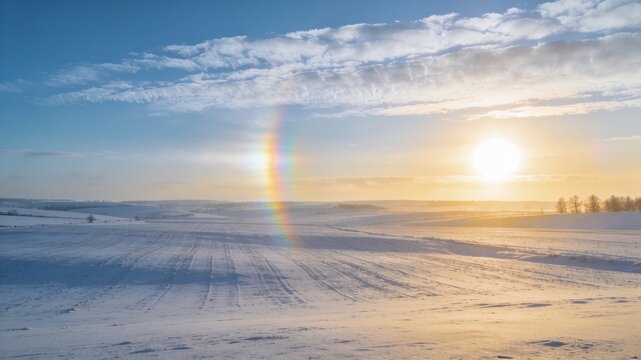 Vibrant vertical sun dog rainbow phenomenon casting colorful spectrum light over rolling snow-covered fields in winter sunshine.