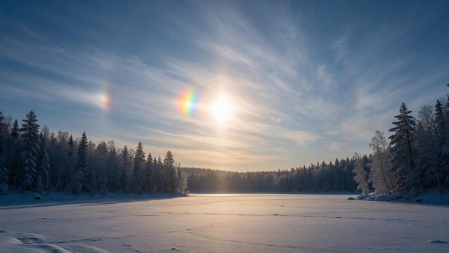 Breathtaking sun dog rainbow phenomenon shimmering over a frozen winter lake surrounded by snow-covered pine forest.
