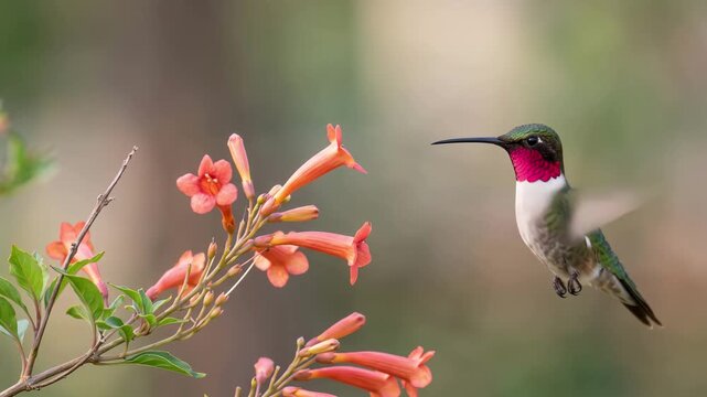 ruby throated hummingbird flying and extracting nectar from a flower close up at morning light in great smoky mountains video