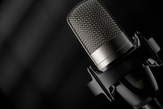 Studio condenser microphone in shock mount close-up, copy space.