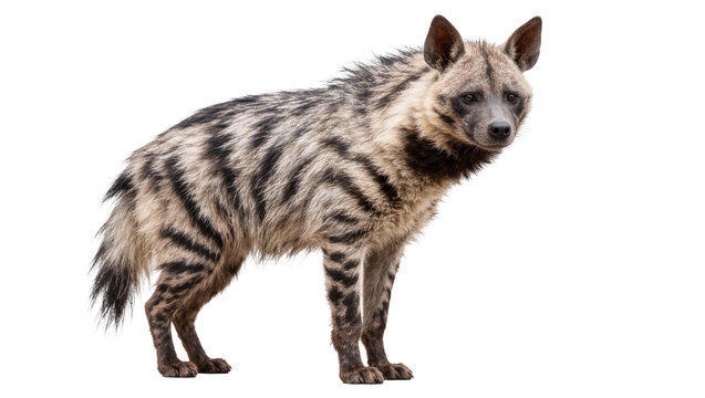 Striped hyena standing with black and grey fur patterns and pointed ears